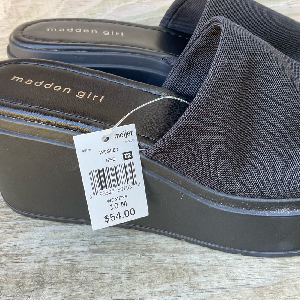 Madden Girl Platform Wesley Wedge Slides Black Fabric… Gem